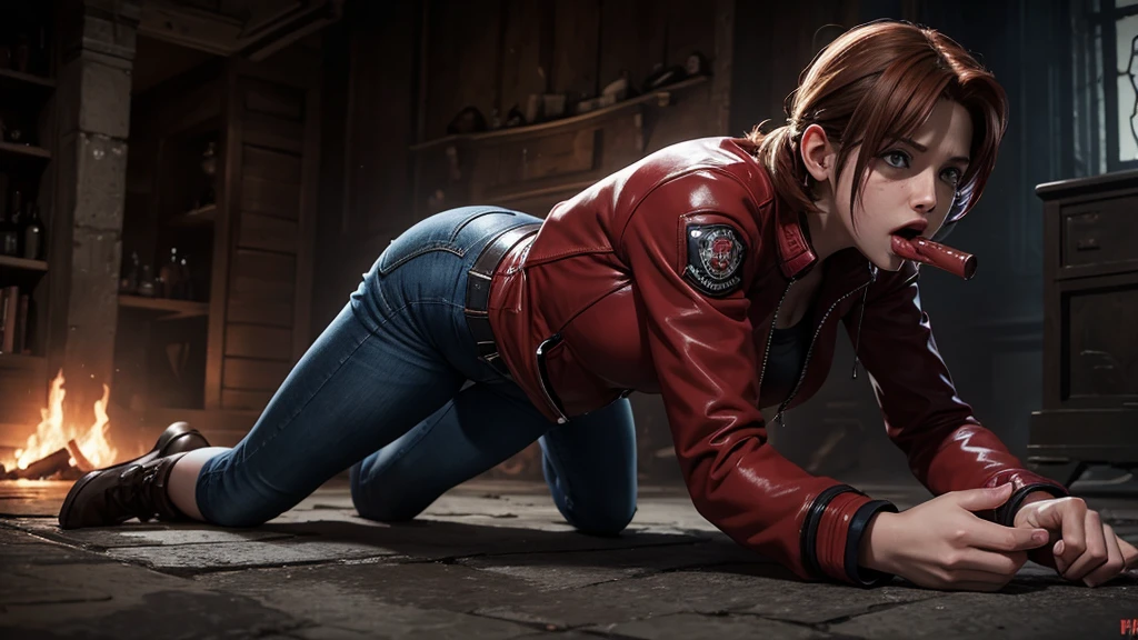 Claire Redfield Resident Evil on all fours in front of man, sucking and swallowing the man's penis with pleasure, smile of pleasure, open shirt, beautiful medium breasts, Topless, sexy e seminua, Beautiful thighs, long hair, sexy e seminua pose sexy, Beautiful thighs, sensual smile of pleasure, long hair, surreal, 4K