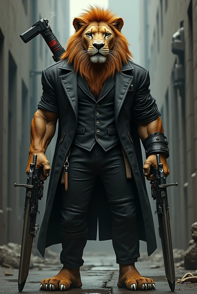 Lion as human and with cool weapons and ciggar
