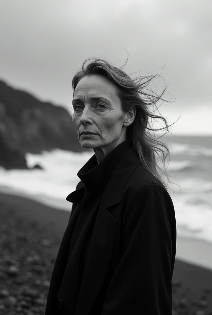 b&w photo of 52 y.o woman in black clothes,  high detailed skin, skin pores, coastline, overcast weather, wind, waves, 8k uhd, dslr, soft lighting, high quality, film grain, Fujifilm XT3