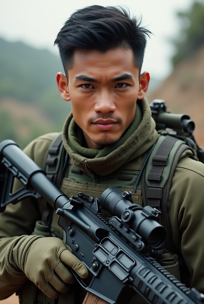Create the realistic image of the handsome young Indonesian man ,Clean white skin, thin smile, ,neat short hairstyles, soldier origin with Ar-15 rifle with him and also with full combat gear