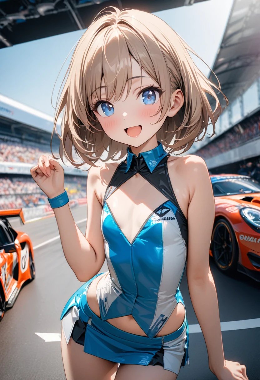 1 girl, 18yo, flat chest, blue eyes, light brown hair, bob cut, smile, open mouth, race queen, grid girl, sleeveless, mini skirt, circuit pits and racing cars line up in the background, upper body, (various pose:1.5), 8k, RAW photo, best quality, masterpiece, extremely detailed 8k wallpaper, ultra-detailed, best shadow, detailed background, beautiful detailed face, beautiful detailed eyes, nice hands, perfect hands