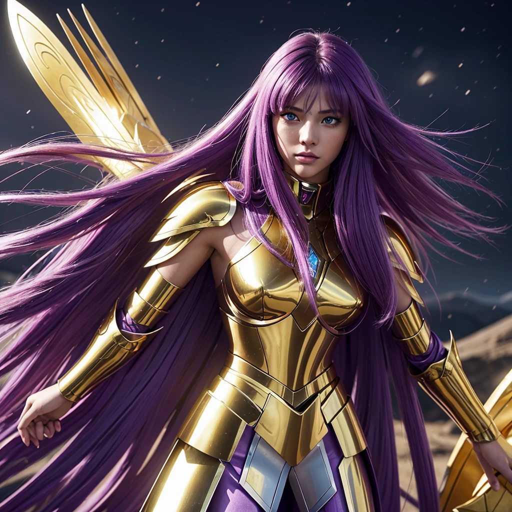 hyper realistic ultra detailed photograph , 8K, ultra-detailliert, masterpiece, top-quality, A high resolution, realistic skin textures, (fimale people:1.2), twinks, a beauty, Cool girls, long purple hair,With keen eyes, Bad eyes, armature, (Photorealsitic:1.4), hight resolution, Raw foto, One Girls, shinny skin, (detailedskin:1.2), realistic skin textures, The best lighting, brilliance, mecha-armored, dramatic lighting, Saint Seiya's Fighting Pose, (sangtuary background:1.3), use energy cosmo yellow, cosmos, Athena Armor, golden armour, (de pele branca), (long bluish-purple hair:1.1), He wears a long white cape that goes down to his feet., 2, Hair and cloak fluttering in the wind
