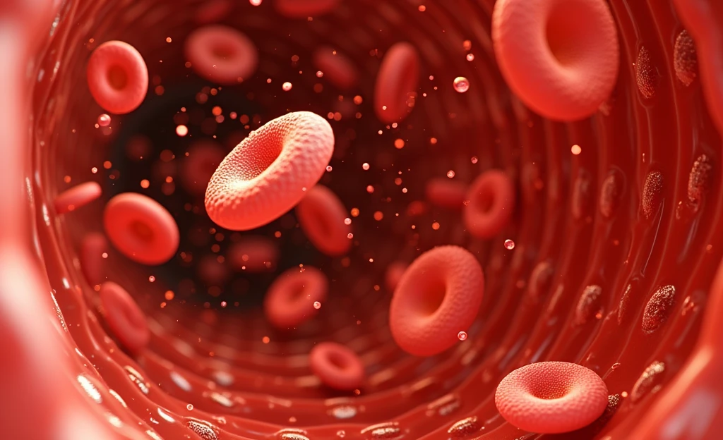 A digital image of red blood cells flowing through a blood vessel using a close-up technique and a very detailed style. The image has the appearance of a tunnel, with the blood vessel walls painted in various shades of red and pink. The vessel walls are smooth, giving it a realistic and lively perspective. The red blood cells are drawn as three-dimensional, glossy and slightly translucent, with a bright red color that contrasts well with the background. The red blood cells are drawn in different sizes and orientations, giving a sense of movement and depth as they move through the blood vessel. The overall composition is scientifically accurate and eye-catching, emphasizing the complex and dynamic nature of the circulatory system.
