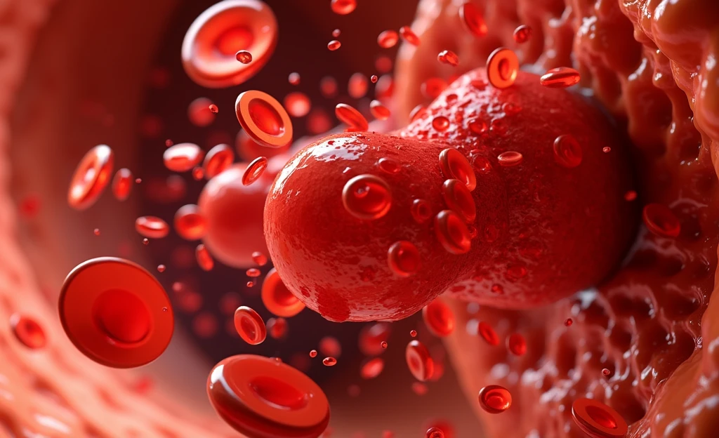 A digital image of red blood cells flowing through a blood vessel using a close-up technique and a very detailed style. The image has the appearance of a tunnel, with the blood vessel walls painted in various shades of red and pink. The vessel walls are smooth, giving it a realistic and lively perspective. The red blood cells are drawn as three-dimensional, glossy and slightly translucent, with a bright red color that contrasts well with the background. The red blood cells are drawn in different sizes and orientations, giving a sense of movement and depth as they move through the blood vessel. The overall composition is scientifically accurate and eye-catching, emphasizing the complex and dynamic nature of the circulatory system.