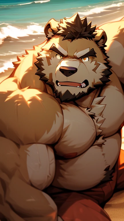 hakurou (ginga), turquoise nose, scars on face, black markings around eyes, male, masculine, anthro, very muscular, muscular arms, heavyweight, pectorals, detailed, high quality, best resolution, solo, posing, by wfa, by seibear, by rossciaco, by taran fiddler, by echin:0.5, night, starry sky, cel shaded, proud posture, confident face, half body, speedos, flexing muscles, dark shadows, dim lighting