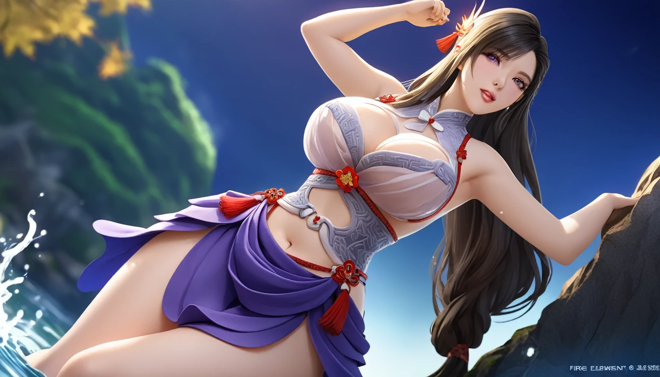 high quality,HD,16K,Sharp Line,1 Girl,fantasy, （Fire Spirits）,Pretty Face, Large Breasts, Beautiful legs,In the water,Focus Girl,detailed Pretty Face,Detailed clothes,beautiful eyes,Cool,Sexy,Dynamic Angle,穿着华服的神明Strike a pose拍照, Ancient mysterious sexy goddess, Traditional beauty woman, Beautiful female warrior god of war , Beautiful sexy goddess, Gorgeous role-playing, high, Beautiful young girl, Beautiful woman, 华丽Beautiful woman, Complex clothing,Chinese Mystical Aesthetics, Beautiful goddess ancient mysterious girl, Extremely detailed shot of the goddess, Jaw-dropping sexy beauty, Big breasts deep neckline sexy belly button（butt), (bedroom), (Sexy Girls), masterpiece, best quality, Bangs, blush, Chest, clavicle, Eyebrows visible through hair, (Ombre gold hair), Jewelry, Long hair,Bright Eyes, ring, (solitary), illustration, fashionable, miss, Strike a pose, background, element, confident, Express, Accessories, majestic, striking, key point, Dynamic poses, ((plump)), (purple))Woman in transparent dress,Viewer,(((Full breasts, Keeley University))),Slim waist,(Navel exposed,Bare waist), Long hair, extreme detailed details, 详细的fantasy艺术, Stunning character art, Beautiful and exquisite character art, Beautiful transparent dress, Very detailed, Large Breasts，Chest，Golden ratio figure，Beautiful figure，Ultra wide-angle shooting，Full body shot拍摄，Body close-up，Full body shot，Wearing a pleated tulle skirt，柔和动漫illustration, 柔和的深色background，Fujifilm XT3 Clear focus, f 5.6, High Detail, Clear focus,(Wearing openwork clothing),, (Natural light), (Tempting)translucent, Good velvet quality, Compared, Divine Light,, Silver hair, 夜空background, Absolute Strength,Female Shinmei，穿着性感丝绸的Female Shinmei,，Large Breasts，Chest，Golden ratio figure，Beautiful figure，Ultra wide-angle shooting，Full body shot，Body close-up，Full body shot， Wearing a tulle dress, Model shooting style, Large Breasts，饱满Chest，Golden ratio figure，Beautiful figure，(Extremely detailed CG 8k wallpaper unit), The most beautiful artistic photos in the world, , 8K 超HD, ) ，Sexy姿态，Sexy表情，best quality,masterpiece,Ultra-high resolution,(Practical:1.4),original photo,Ultra-high resolution