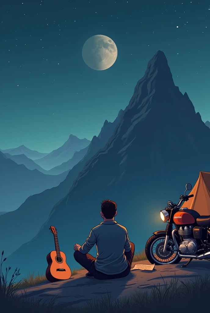 Generate a easy sketch drawing image of a man sitting at the top of the beautiful mountain seeing the moon and stars in the night sky .Near him a guitar and a paper note is placed. At right side a tent is located .And a royal Enfield bike is standing near the tent