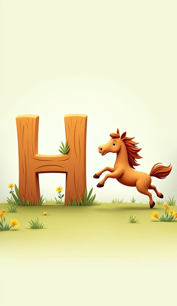 Create a horizontal illustration featuring the letter 'H' on one side in a playful and stylish, child-friendly font. On the opposite side, place a happy horse galloping with energy, in warm colors like chestnut brown or beige. The background should be simple with light gradients or a grassy field. The design should be vibrant, engaging, and visually balanced, perfect for a children's educational theme.", intricate and detailed art, vibrant colors, fantasy art style, cinematic lighting, muted tones, 8k, best quality, masterpiece, photorealistic, physically-based rendering, ultra-detailed