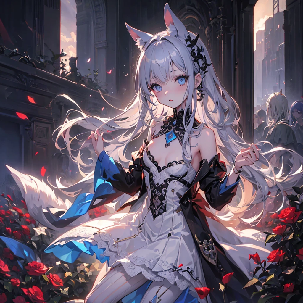 silver hair, dog ears, white dress,wavy hair,delicate features quiet gaze,beautiful half body illustration,beautiful backgraund,atmospheric lighting,sharp focus,vlumetric lighting,cute face,reduce saturation,fine detailed face,small nose and mouth,volumetric top lighting,bold line painting, soft shadow,((masterpiece, best quality)), (1girl), (solo), (female focus),small breasts,flat tits,Lolita,short height,skinny girl,blue eyes,open legs,animal ears,
