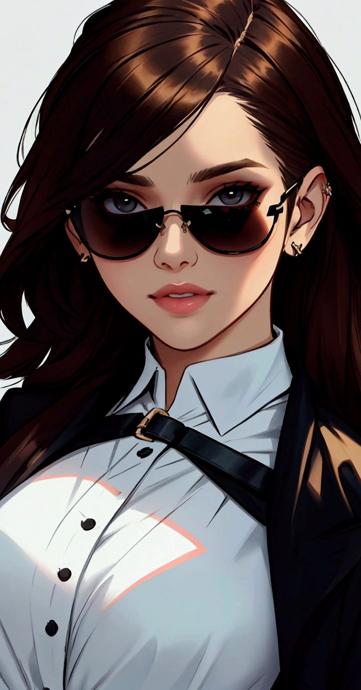 Create face of young woman with dark brown hair, to wear black sunglasses, that the end of the head is visible