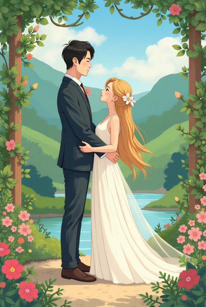 Give me a studio ghibli style illustration of a blonde haired girl marrying a black haired korean boy 