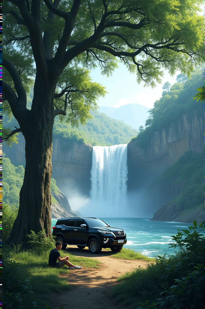 A man under the tree and black fortuner stand front side  and water fall in background and high sky 