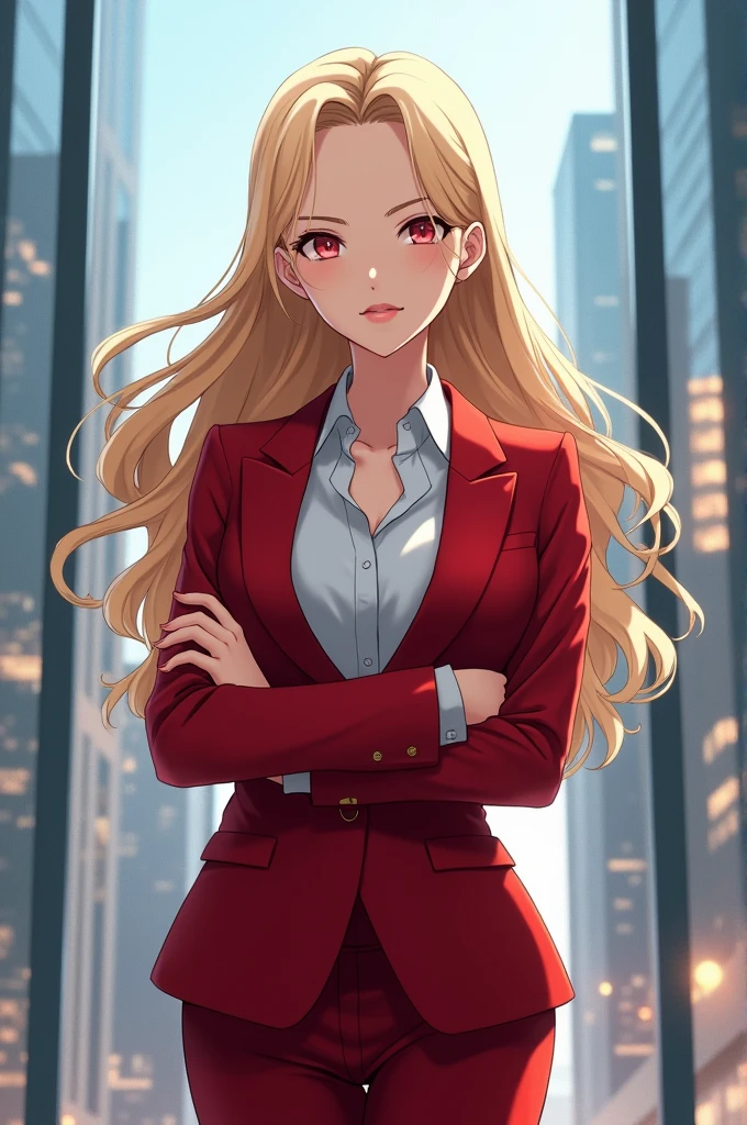 Anime businesswoman with blonde hair and red suit