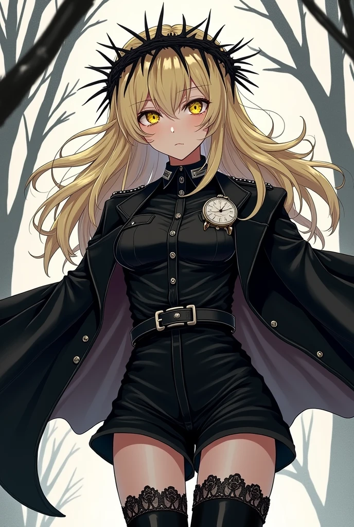 Make a manga-style, perspective-driven image of a girl who looks mysterious and serious., It will be a girl with light blonde hair, long and slightly wavy, that has a black crown of thorns on his head (like that of Christ), His eyes are yellow, He has a shirt similar to the one a real soldier would wear (black color and white details) On this one he has an old watch on the left side of his shirt, Also, he should wear a black jacket that is integrated with his shirt., She has black shorts, She will have black stockings complete with floral lace and tall black boots.