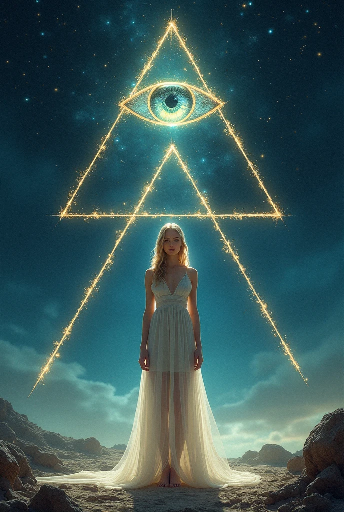 label for beer "MONJE OF SKY": central character: A pretty woman, 200cm tall wide hips, beautiful and blonde in an elegant dress, barefoot looking at the camera. Symbolic Element: The woman is located inside an equilateral triangle, that stands out in the design. bottom: A starry night sky, using light and soft colors. Mystical element: in the sky, There is a second smaller equilateral triangle with an eye in the center (in the style "All-seeing eye").
