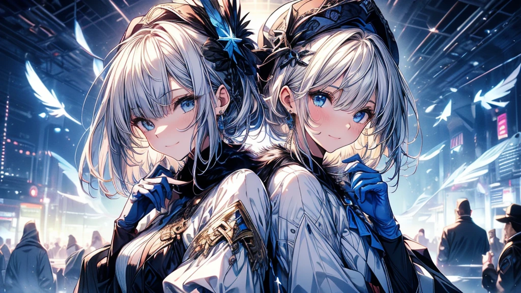 (Highest quality, 4K, 8k, High resolution, masterpiece:1.2), Very detailed,shading, ,Masquerade,Furina, smile, short hair, Red fundus, gloves, Long sleeve, have, White Background, Hair between the eyes, jewelry, Mouth closed, Blue fur, Jacket, He drowned, By White, black gloves, Striped Hair, Feather duvet, brooch, Blue hat, blue gloves,By White, Upper Body,Light and shadow,Back to Back,