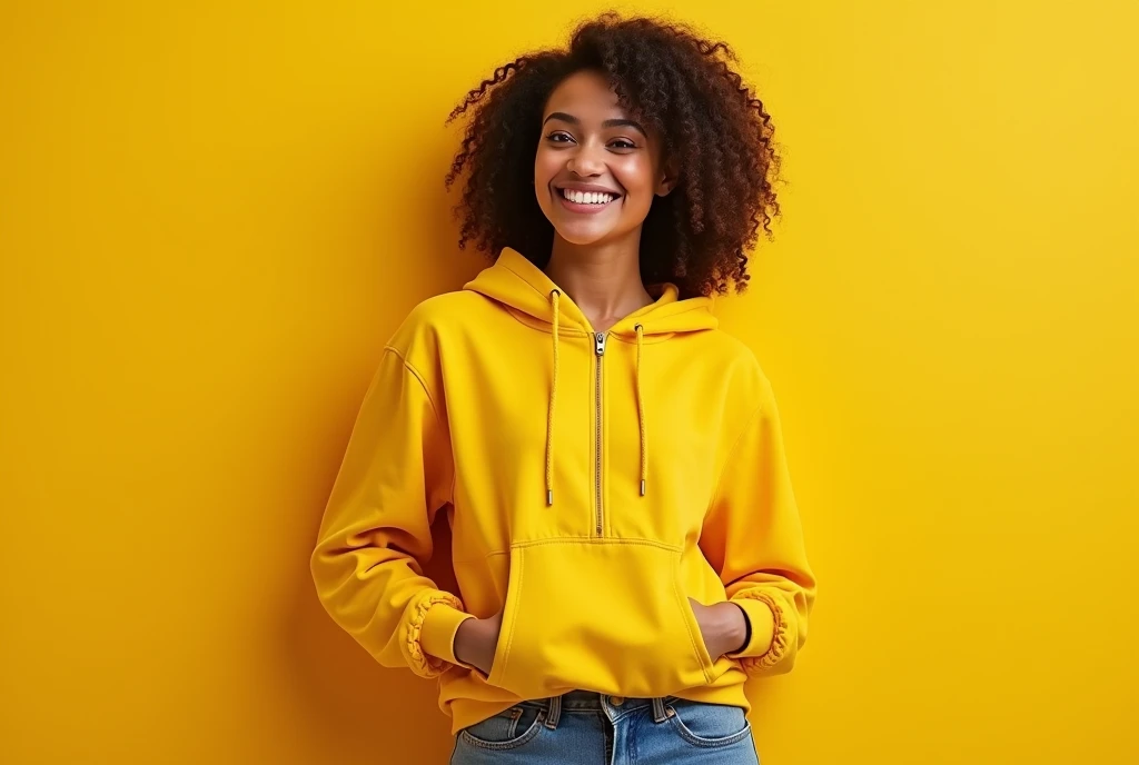 beautiful young woman hoodie mockup cropped hoodie mockup with zipper light yellow background . Use Canon EOS 5D Mark IV with 24-70mm f/2.8 lens. Settings: ISO 100, f/8 aperture, and 1/125s shutter speed to capture sharp, brilliant images with wide depth of field.