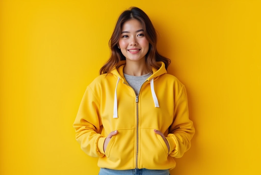 beautiful young woman hoodie mockup cropped hoodie mockup with zipper light yellow background . Use Canon EOS 5D Mark IV with 24-70mm f/2.8 lens. Settings: ISO 100, f/8 aperture, and 1/125s shutter speed to capture sharp, brilliant images with wide depth of field.

