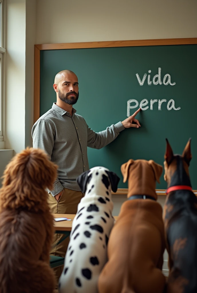 (photorealism:1.2), An attractive teacher with a shaved head, points to the blackboard on which we can read two words in Spanish, one is “VIDA” and the other is “PERRA”, written in white chalk. His students, sitting very attentively, are three dogs, a cocker spaniel, a Dalmatian and a Doberman.. Indoors, soft lighting, window with sunlight, relaxed pose, realistic, intricate details, warm colors. Photo taken with Panasonic Lumix DMC-FZ2000