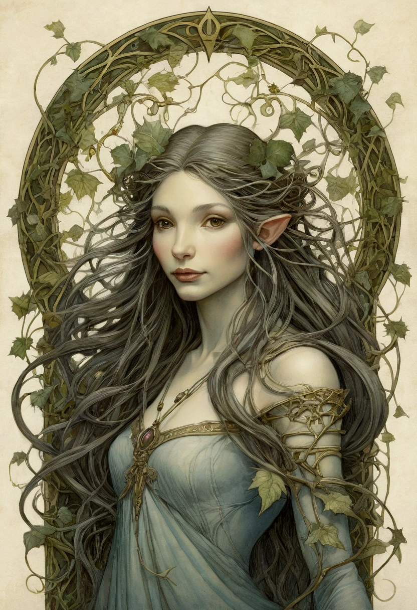 a drawing of a Beautiful female creature with a long hair, background art nouveau vines and brass arches concept art inspired by Brian Froud, tumblr, art nouveau, brian froud style, brian froud juan gimenez, style of jean baptiste monge, monge jean-baptiste monge, jean - baptiste monge, jean baptiste monge, tony diterlizzi and brian froud