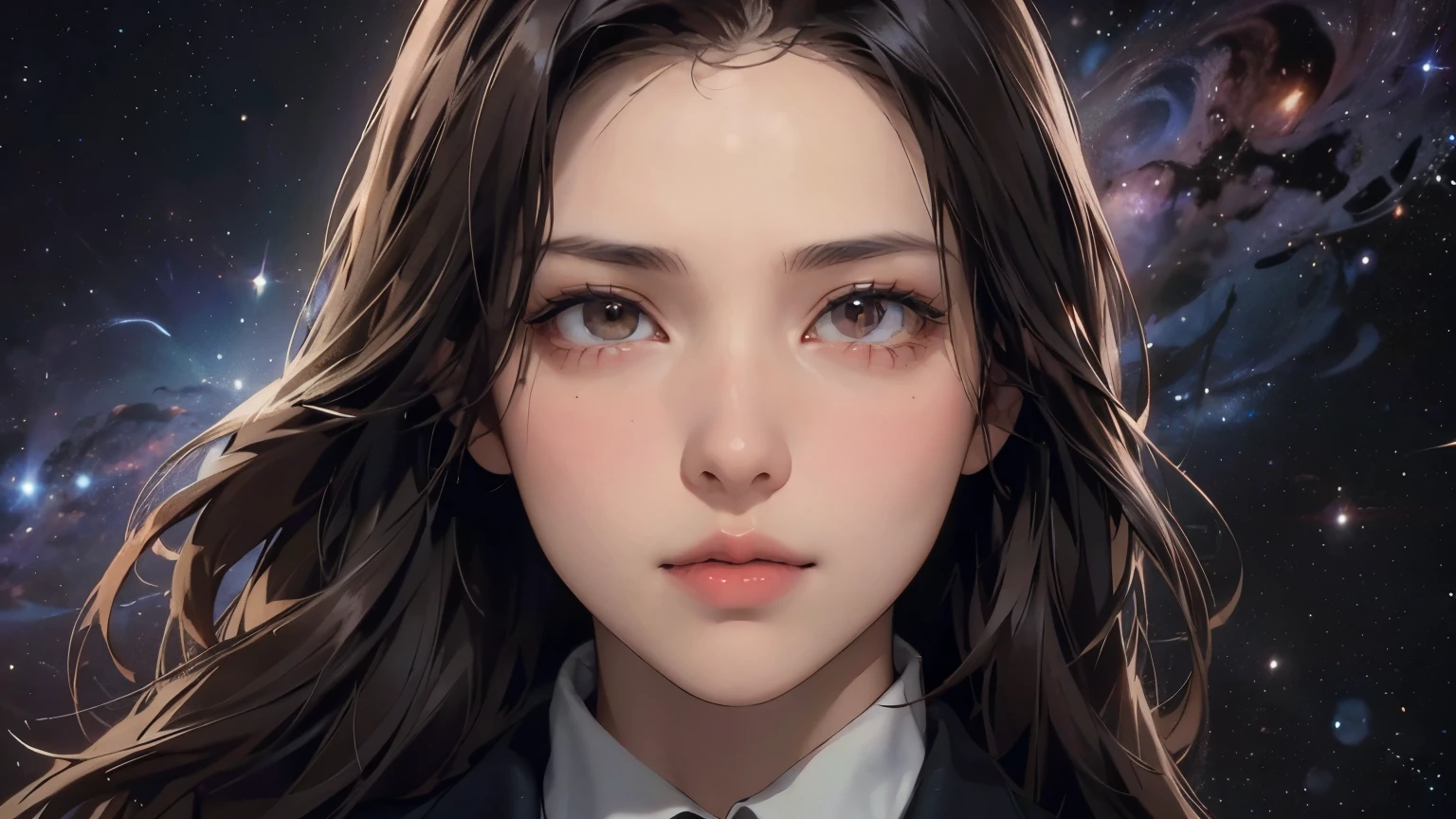 A beautiful woman. Dark brown hair. Mid twenties. She is looking at the camera with a serious expression. She is wearing a black business suit. An image of outer space and four-dimensional space-time in the space behind her.