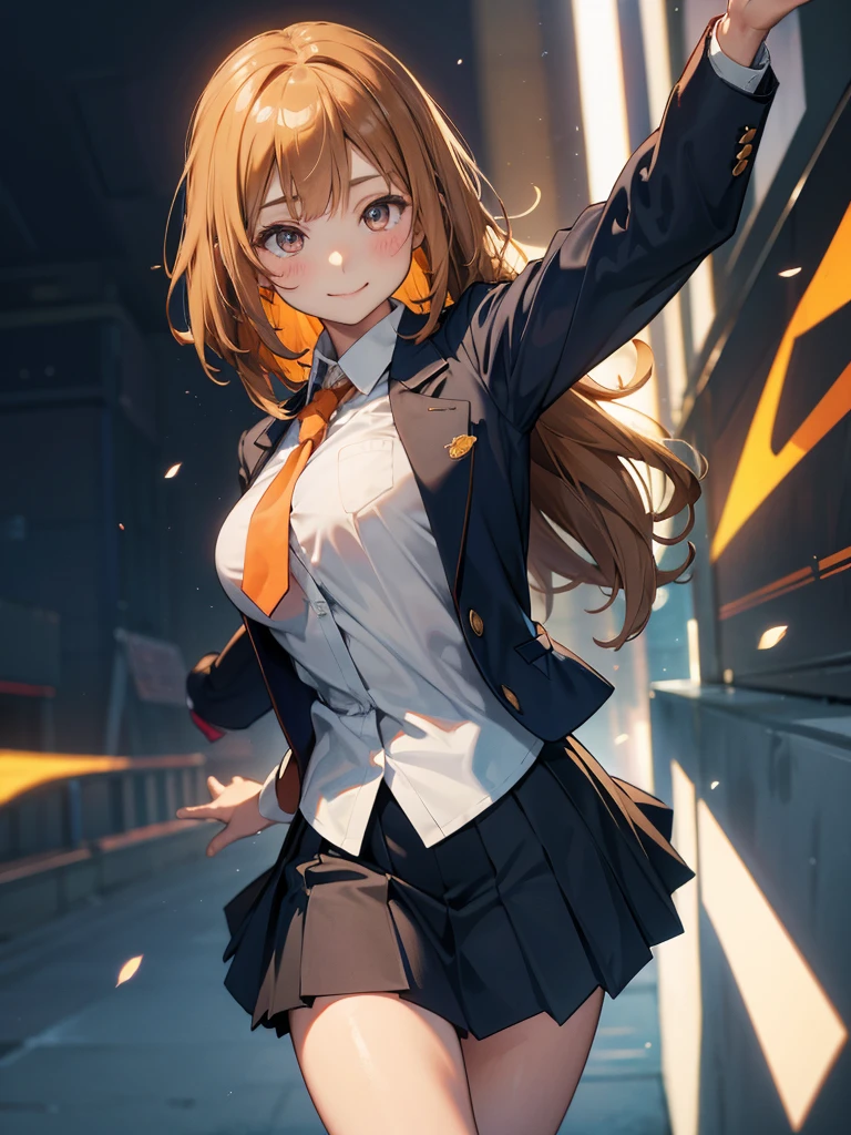 手からエネルギーを放つ一人のDroopy eyesの少女, Chestnut Hair, Bobcut,Half Up Hair,Large Breasts, smile, Droopy eyes, quiet,perspective, height: 165cm,High School Uniform,Navy Blue Blazer,White blouse,Orange ribbon tie,Gray knee-length flared skirt,Anime Style,Knee-length skirt,Healthy sex appeal,High resolution, Anatomically correct, 最High quality, corruption, detailed, High detailed, High resolutionモデル, High quality, quality, Very detaileded, 超High resolution, Textured skin, Exposed forehead,happiness, Viewfinder, smile, Multiview, A healing aura emanates from your hands