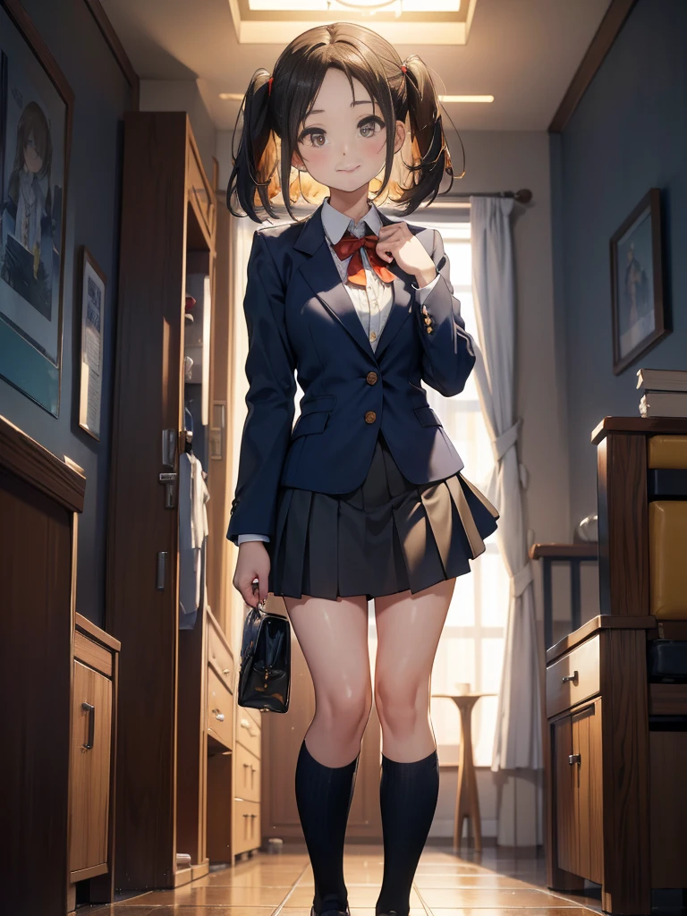 手からエネルギーを放つ一人のDroopy eyesの少女, Chestnut Hair, Bobcut,Half Up Hair,Large Breasts, smile, Droopy eyes, quiet,perspective, height: 165cm,High School Uniform,Navy Blue Blazer,White blouse,Orange ribbon tie,Gray knee-length flared skirt,Anime Style,Knee-length skirt,Healthy sex appeal,High resolution, Anatomically correct, 最High quality, corruption, detailed, High detailed, High resolutionモデル, High quality, quality, Very detaileded, 超High resolution, Textured skin, Exposed forehead,happiness, Viewfinder, smile, Multiview, A healing aura emanates from your hands