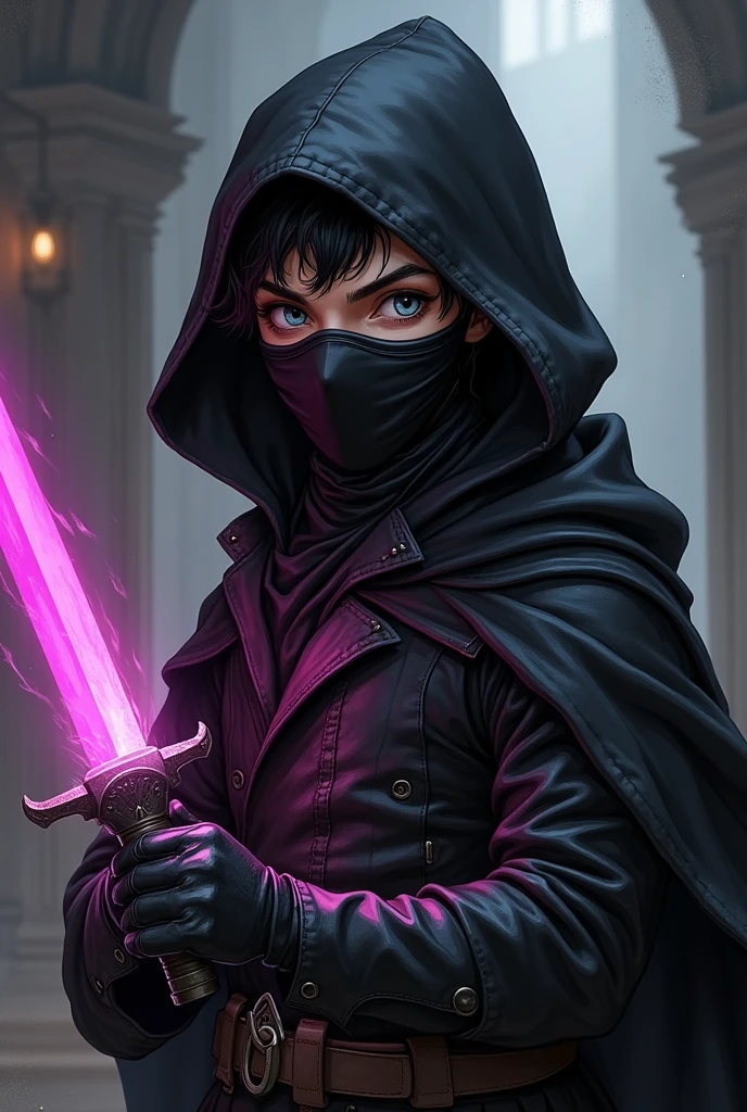 dnd, dungeons and dragons, lightfoot halfling, rogue, short, little person, tiny adult man, round human ears, assassin, ninja, stealth, sneaky, mask, covered mouth, psychic, solo, single person, pale white skin, short wavy black hair, light grey eyes, handsome, male, middle aged, skinny, anime, graphic novel, comic book, black leather armor, black cloak, large black hood, mask covering nose and mouth, short pink ethereal knives in both hands, small knives, magic, ((masterpiece, best quality)), trending artwork