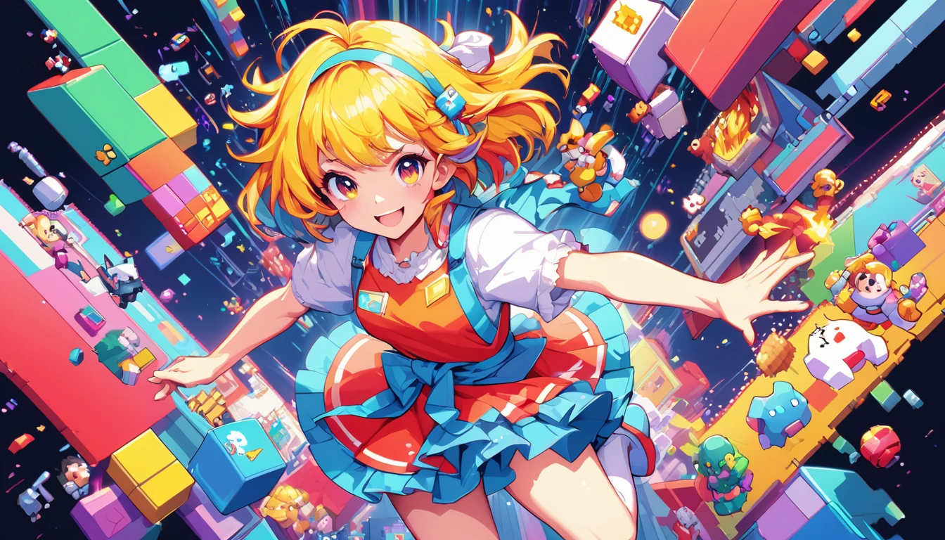 **359. One person。retro game characters。A symbol of gaming charm and nostalgia。Cowboy shot or close-up。
masterpiece, best quality, ultra detailed (Detailed fingers), (Emotional), (Breathtakingly beautiful),
(main part: 1.2 Whole body。), (Anime Style), (Very detailed), (Retro game anthropomorphization),
(超High resolution, High resolution), (8k), (High resolution: 1.2), (Complex and beautiful: 1.2)**
- background: Pixel art style game screen、Colorful blocks and items float。
- character: Young woman, around 1、Wearing 8-bit style game character costume。
-pose: Game action poses、Jumping and attacking movements。
-expression: A serious face immersed in the game world、A smile full of joy。
- Effects: Pixelated lights and effects scattered all around。
-color: Vivid primary colors、Retro gaming color palette。
