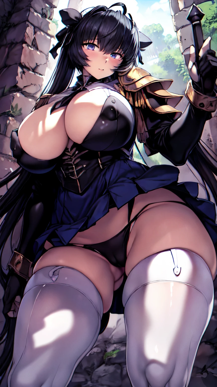 masterpiece, Highest quality,1girl,solo、moving,large breasts,official、female knight、(((White Disciplinary Committee Chairperson、Noein)))、Ahoge、Wearing white military uniform、An adult woman holding a thin long sword、Epaulettes、Purple Skirt、Blue Eye、RAW Color,Clear images、dark color、tall、((Black Stockings:1.4))、(armor_highheel),whole body、Purple leg armor、Narrow eyes、Fighting monsters、(Dark Dungeon、Dark Prison) 、(Are standing、Combat Ready、Cameltoe、White lucky panties:1.1、Nipple shape from under clothes:1.1)、from the front