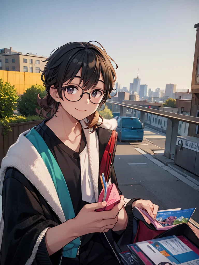 Young man with glasses、male、Black-rimmed glasses、Smiling、Loose perm