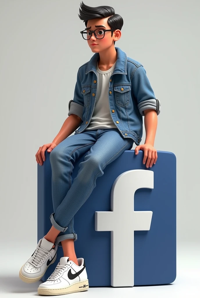 créez une illustration 3D d'un personnage aimée Assis de manière décontracté au-dessus d'un logo de media social « Facebook » le personnage doit porter des vêtements moderne et décontracté qu'une veste en jean et des chaussures de sport Nike air de couleur blanche l'arrière-plan de l'image est une page de profil de media social avec un nom d'utilisateur “ Tarno Raoul / 24k abonné" et une photo de profil qui correspond au nom
