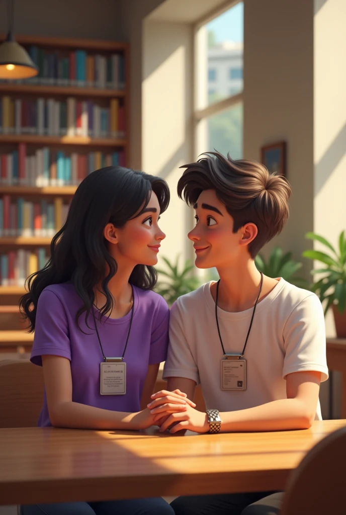 Create a boy and girl looking at eachother with smile. Seating in college library. Girl wears purple tshirt. Boy wears white tshirt. Create realistic surrounding. Create realistic faces and Wearing college identity