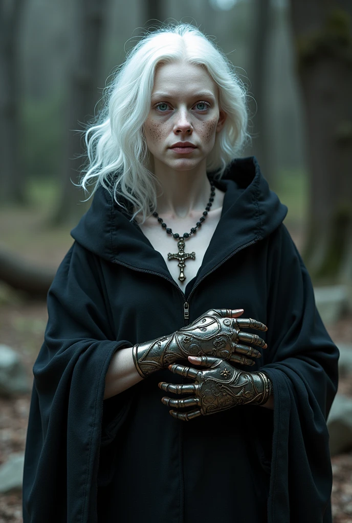 middle age albino with white hair violet eyes soft freckles, black robes with a cross necklace and one hand with a steampunk prosthesis 