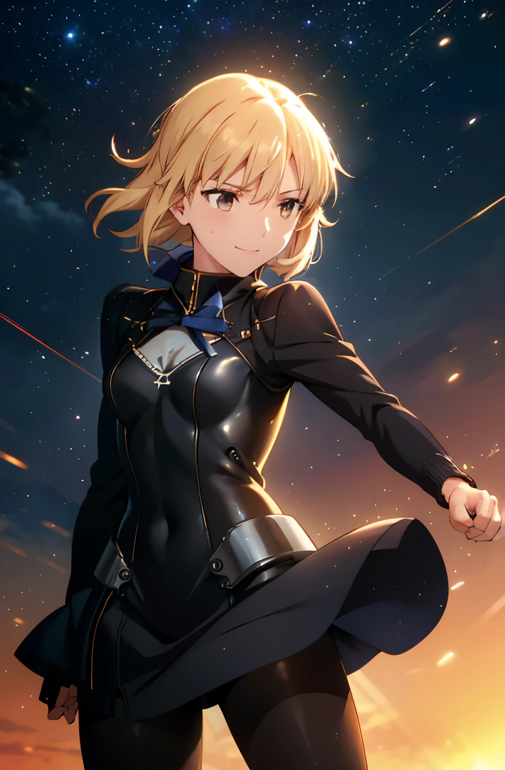 masterpiece, beautiful detail, beautiful light and shadow,Beautiful Anime Woman, Beautiful art style, Anime characters,1girl, ((((solo)))),saber,blonde hair, short hair, hair ribbon, animal collar, jacket, body suit, open jacket, ((mechanical parts)), wires, cables, see through, gleaming skin, oil skin, shiny skin, black pantyhose, black tights, outdoors, night, (dark environment), downtown, steaming body, smile break ((dynamic pose)),(random angle:1. 5),(Impact art,Action art), fighting stance, orange lips, eyebrows,close-up