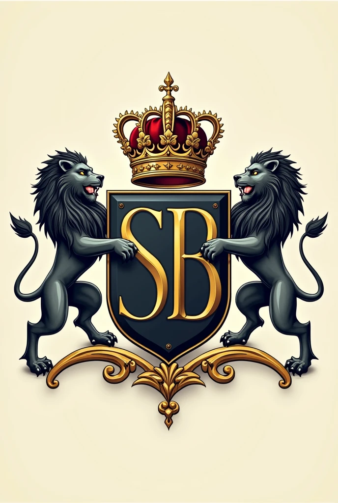 Create a minimalist coat of arms with vectors to engrave on a ring: an elegant shield, with the initials "SB" At the center, well crafted in gold. ao redor, two majestic beasts, Towering lions, with the look of someone who is confident enough to even say goodbye to the dragons. fenn, a shining royal crown, symbol of power and class.
