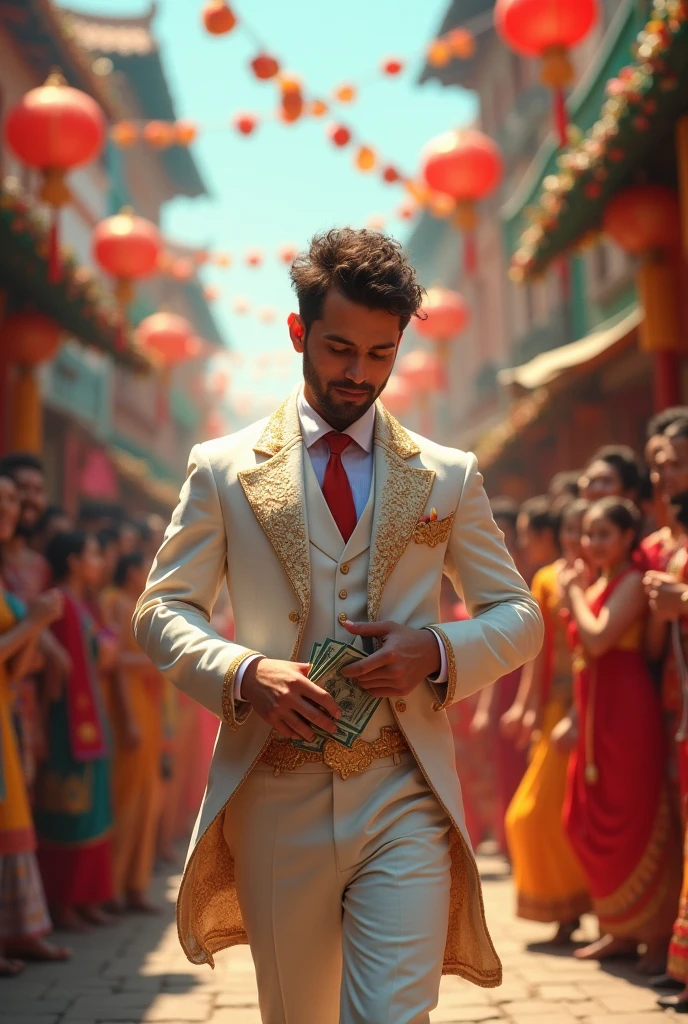A groom's wedding procession is going on and the groom is looting money.