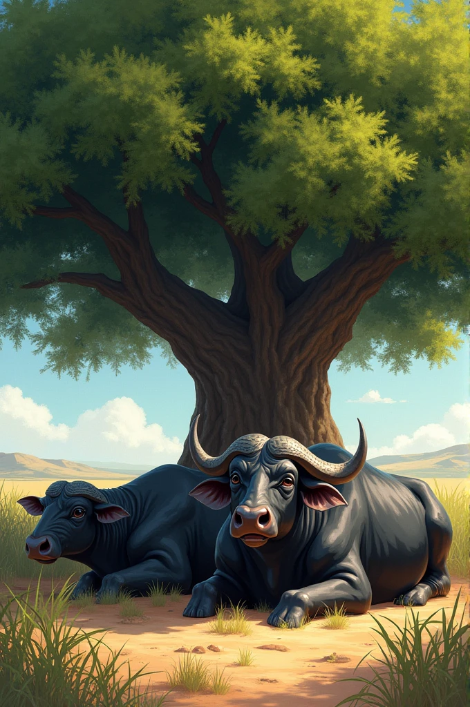 In the sweltering summer heat, a group of buffaloes finds solace beneath the expansive canopy of a lush green tree. The sunlight filters through the leaves, casting dappled shadows on the ground, creating a serene oasis. The buffaloes, with their glossy black coats, appear relaxed and content as they rest on the cool earth, their large, expressive eyes half-closed in tranquility. The gentle rustling of leaves adds to the peaceful ambiance, while the vibrant greenery contrasts beautifully with the dusty surroundings. This picturesque scene captures the essence of summer's heat and the simple joys of nature's refuge.