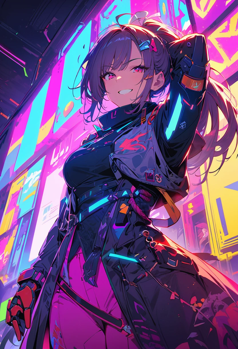 (best quality), (ultrafein), (masterpiece), Illustration, a girl,China-Samurai,cyberpunk, (cyberpunk,Samurai-Costume,Cybernetic implants), (moving towards the viewer, looks down towards the viewer, low angle view), ponytail, Hair Accessories, bright colours,(puts her hands behind her head), smiles, dynamic lighting,neon lights,Fashionable clothing of the future,a mix of traditional and modern elements,Avantgardistisches Make-up,exquisite hairstyle,Self-confidence and determination, Metall Textur,Mechanical Armor, gorgeous accessories,High-Tech-Gadgets,Impressive cybernetic improvements,Clear focus,Grumpy Details, Overclocked rendering, Cinematic edge light, fine light, masterpiece, super Details, epic work, Ultra-High-Definition, good quality, 32K