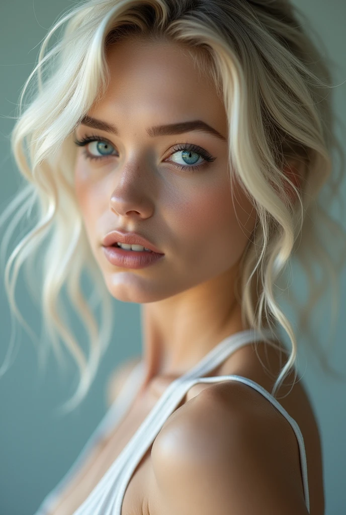 Blonde woman delicate face almost albino blue eyes naked athletic small muscles closeup super HD naked totally naked