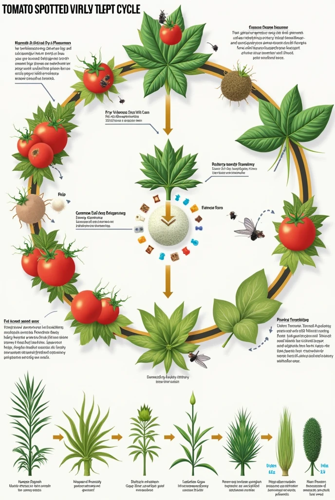 Diagram of the TSWV disease cycle:

Host plants (tomato, morron, lettuce, dahlias, chrysanthemums, extensive crops, fruit trees, weeds)
  
Transmission by thrips (4 species) in larval stage Acquisition of the virus by thrips Maximum infectivity of thrips at 20-30 days Multiplication of the virus in the vector Thrips attracted by young plants (bright green color)
  
Cycle repeats itself in new plants and areas