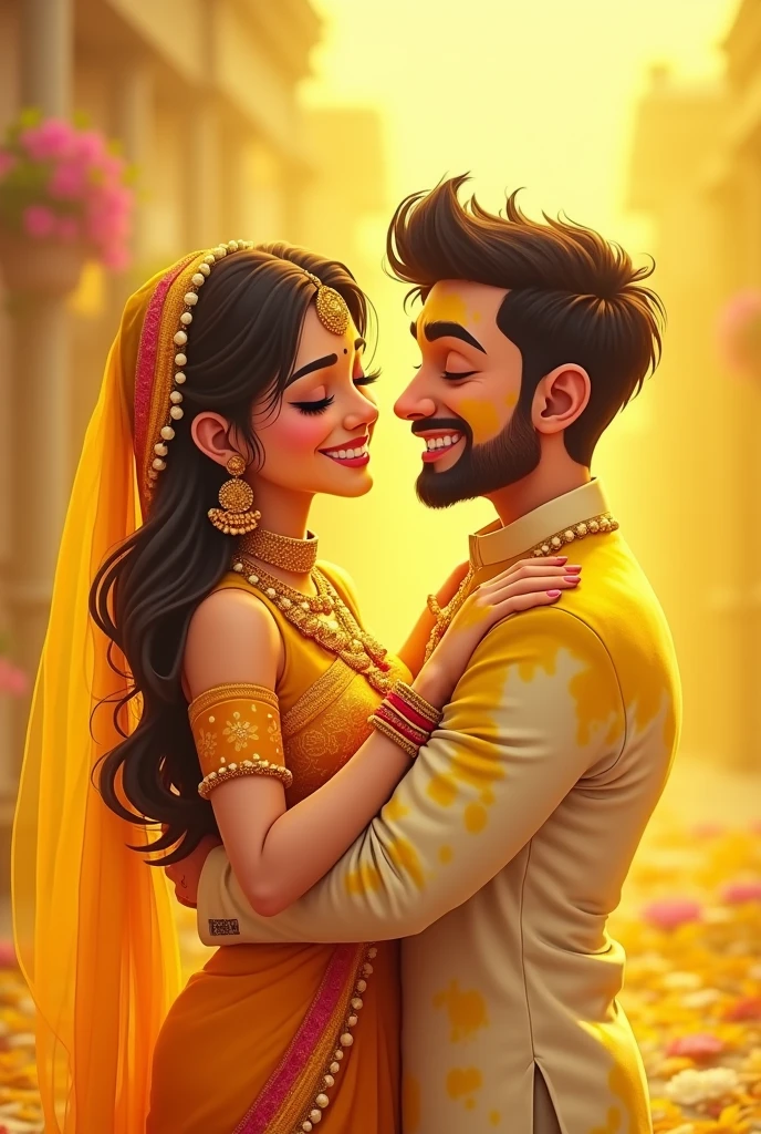 Young couple enjoying their haldi ceremony. They are young and in love. They are applying haldi to each orher. Wearing yellow and in love. Bride fair slightly chubby floral jewellery. Yellow lehenga with sleeveless blouse. Blushing and playful. Groom white kurta with turmeric stains. Slight beard. Fair vhiseled face but cartoonish applying haldi on bride. Both are happy