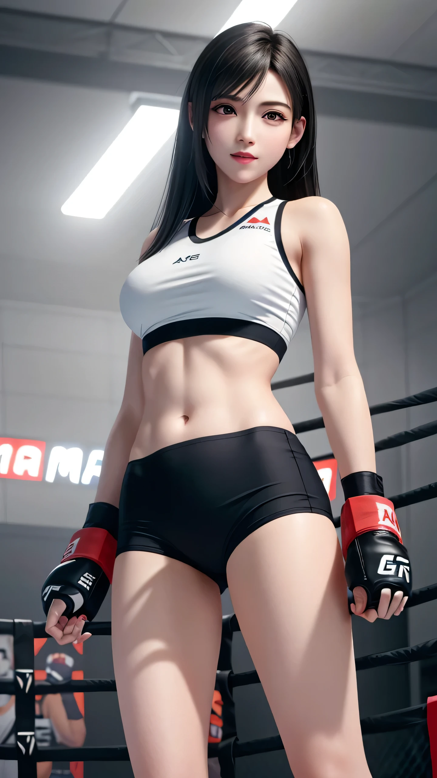 8k,masterpiece, Highest quality,big, (1 person:1.5), tifa lockhart, red_eye, Black Hair, Long Hair, Professional Lighting, (Glowing Skin: 1.2), shiny big, ((Highest quality)), Sharp focus: 1.2, Highly detailed face and skin texture, detailed eye, Perfect Face, Perfect body, CG, Big Breasts, before (Age 25, Mature, cool and beautiful face), Boxing gloves, (on MMA Arena :1.5), (wearing MMA uniform:1.5, white tops and black bottoms), thigh, belly button,Smirk,From Below,Look At View,Victor,fighting,Full body, solo,