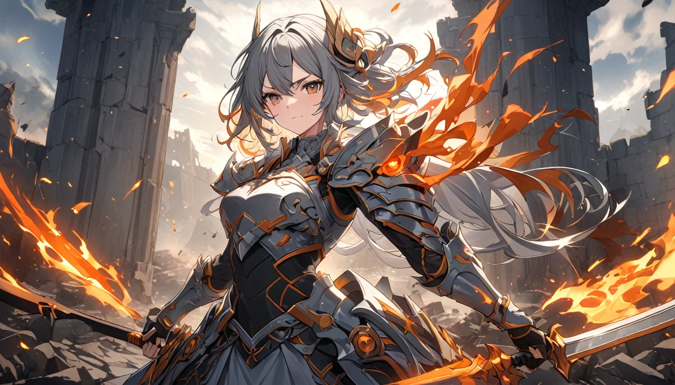 **362. One person。Personification of legendary weapons。Symbol of power and myth。Cowboy shot or close-up。
masterpiece, best quality, ultra detailed (Detailed fingers), (Emotional), (Breathtakingly beautiful),
(main part: 1.2 Whole body。), (Anime Style), (Very detailed), (Legendary Weapon Personification),
(超High resolution, High resolution), (8k), (High resolution: 1.2), (Complex and beautiful: 1.2)**
- background: Ancient battlefields、Ruins of a destroyed castle and traces of battle remain。
- character: Young woman, around 1、Wearing armor modeled after legendary weapons。
-pose: With weapons、A powerful figure preparing for battle。
-expression: A brave and determined face、Showing a will to fight。
- Effects: Light and energy come out of the weapon.、The surroundings are illuminated。
-color: Steel grey and flame orange、Creates a sense of strength and mystery。