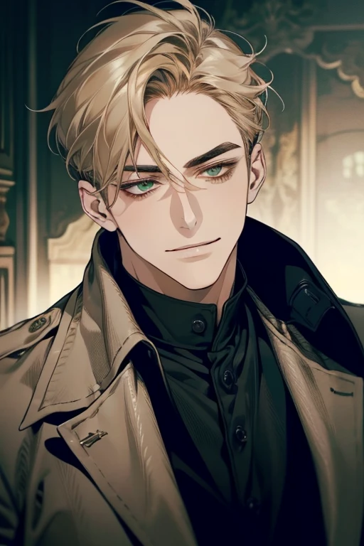 masterpiece, best quality, realistic, 1man, mature male, quiet and charming young man, 1, smirk and look on the side, closed mouth, portrait, extremely detailed face, smirk, (dark green eyes), (short-side-swept sandy blonde hair)), [thick eyebrows], (detective clothing)