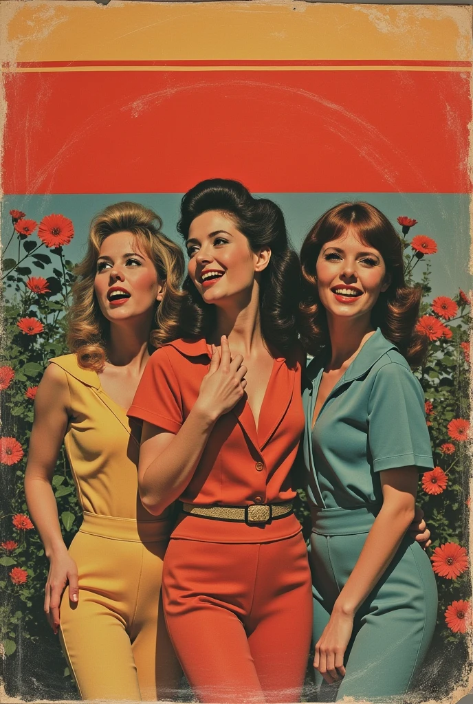 Three singing girls from the 1960s on old 45 rpm record cover with a horizontal red stripe across the top of the cover in the background of flowers 