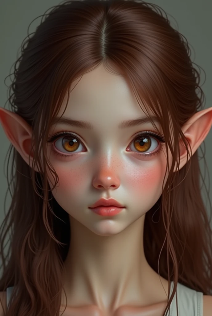 An elf girl with burgundy brown hair, long layered cut hair, almond shaped eyes, brown eyes, with neutral skin. Make her photorealistic