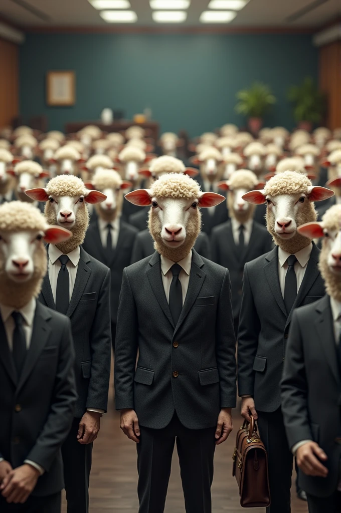 Sheep with formals explaining with large sheep crowd in office seminar