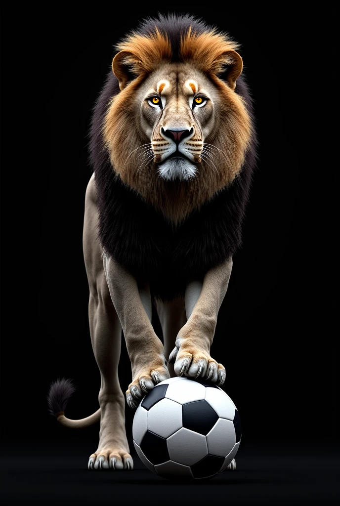 No 3d image Logo Black contrast Vector contrasts Lion stepping on a soccer ball with his front leg Elegant face, firm, Strong Lion cast contrast iridescent black to yellow Orange eyes with yellow, black pupil Imposing No 3d image Black background

