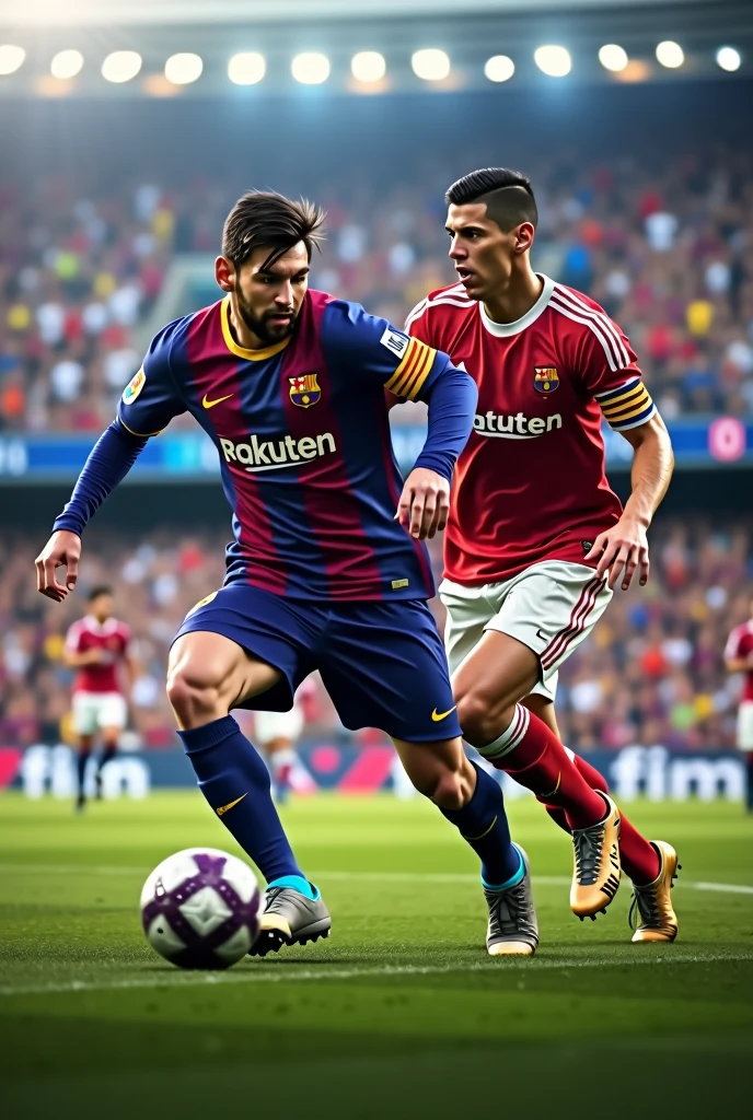Messi and ronaldo play football together in fc barcelona